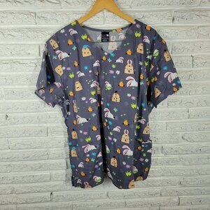 Zoe Chloe Unisex Scrub Top 2XL Plus Hello Spring Bunnies Gray Cotton B10E